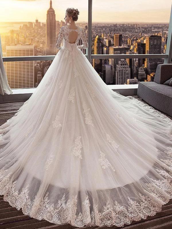 Long Sleeves Open Back Luxurious Wedding Dresses Online, Cheap Bridal Dresses, WD642