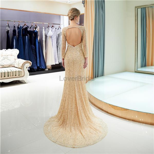 Long Sleeves  Open Back Mermaid Gold Beaded Evening Prom Dresses, Evening Party Prom Dresses, 12058
