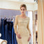 Long Sleeves  Open Back Mermaid Gold Beaded Evening Prom Dresses, Evening Party Prom Dresses, 12058