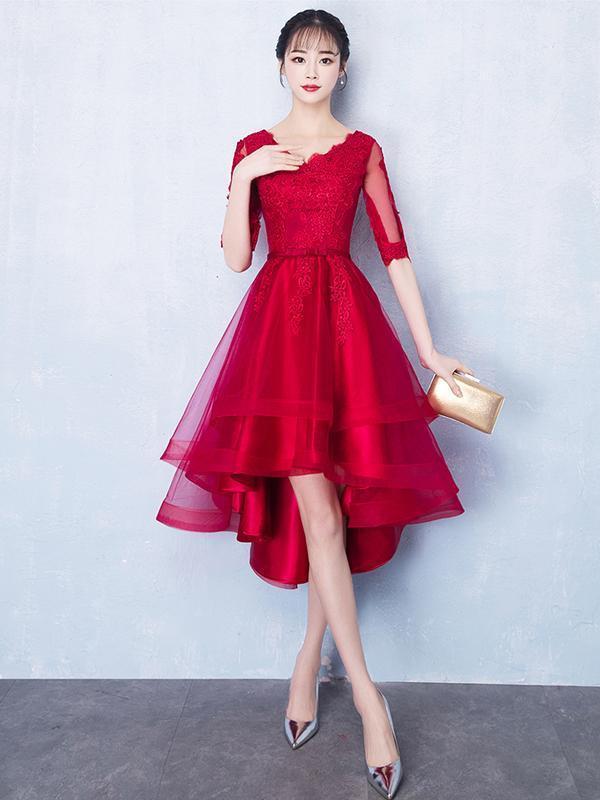 Long Sleeves Red Lace High Low Cheap Homecoming Dresses Online, CM699