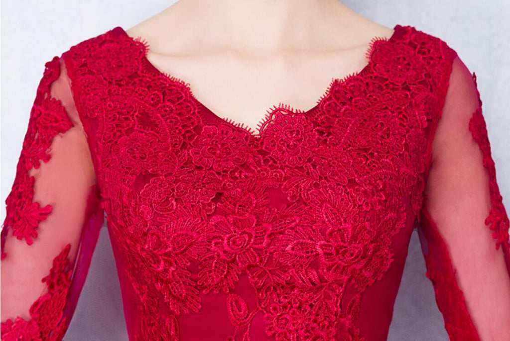 Long Sleeves Red Lace High Low Cheap Homecoming Dresses Online, CM699