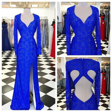 Long Sleeves Royal Blue Open Back Side Slit Long Prom Dress, WG574