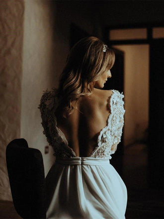 Long Sleeves See Through Beach Wedding Dresses, Chiffon Wedding Gown, WD695