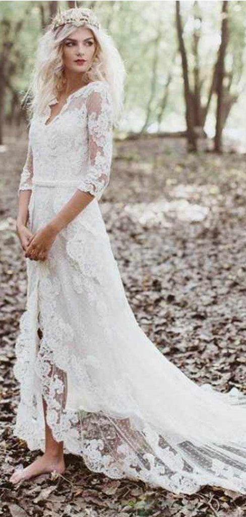 Long Sleeves See Through Lace Boho Wedding Dresses, Cheap Wedding Gown, WD686