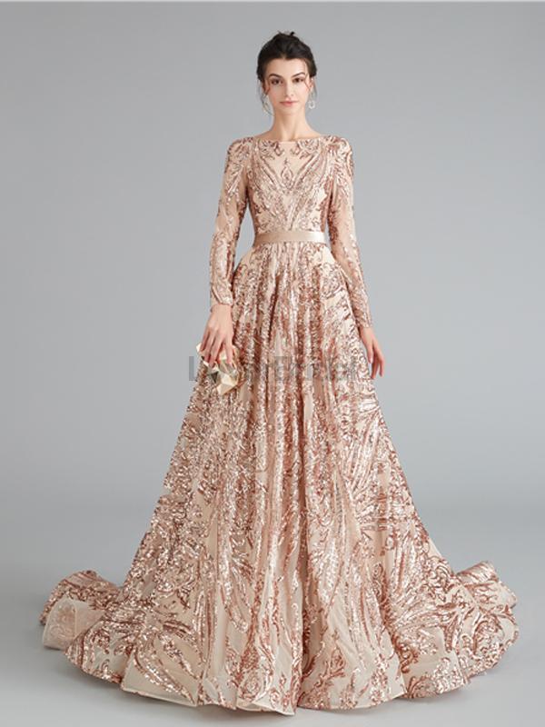 Long Sleeves Sparkly Rose Gold Backless Evening Prom Dresses, Evening