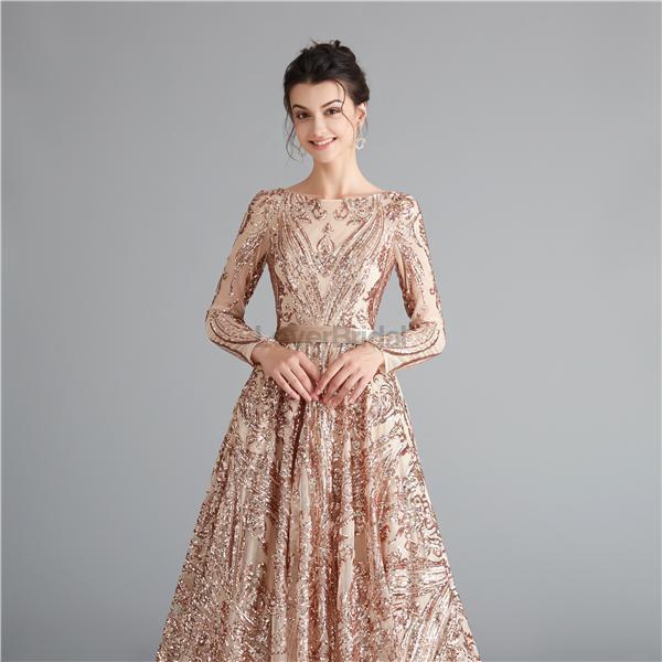 Long Sleeves Sparkly Rose Gold Backless Evening Prom Dresses, Evening