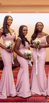 Luxury Mermaid Pink Off the Shoulder Lace Applique Long Bridesmaid Dresses Gown, WG887