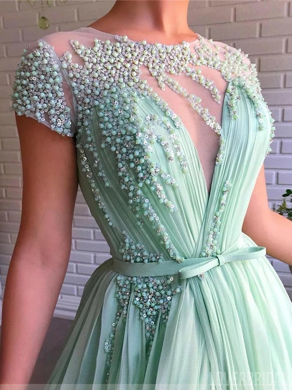 Mint Green A-line Short Sleeves Jewel High Slit Long Prom Dresses Online,12605