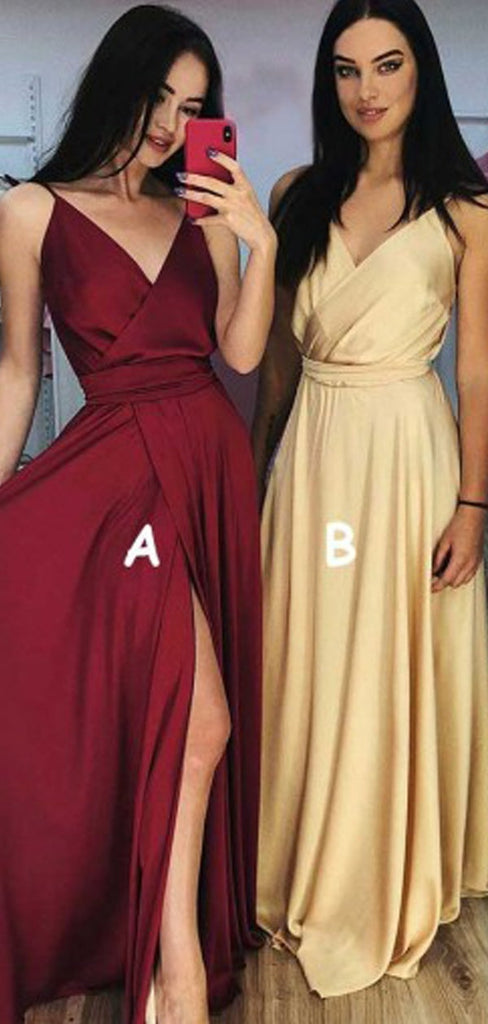 Mismatched A-line Spaghetti Straps V-neck Cheap Long Prom Dresses Online,12616