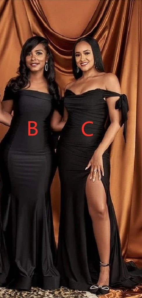 Mismatched Black Mermaid Off Shoulder High Slit Long Bridesmaid Dresses Gown Online,WG919