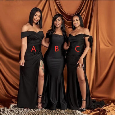 Mismatched Black Mermaid Off Shoulder High Slit Long Bridesmaid Dresses Gown Online,WG919