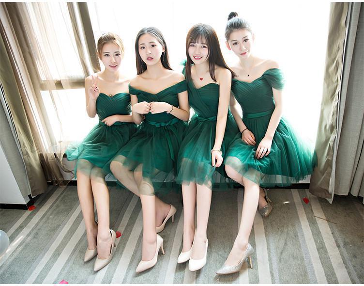 Mismatched Dark Green Tulle Short Bridesmaid Dresses, Cheap Custom Short Bridesmaid Dresses, Affordable Bridesmaid Gowns, BD023