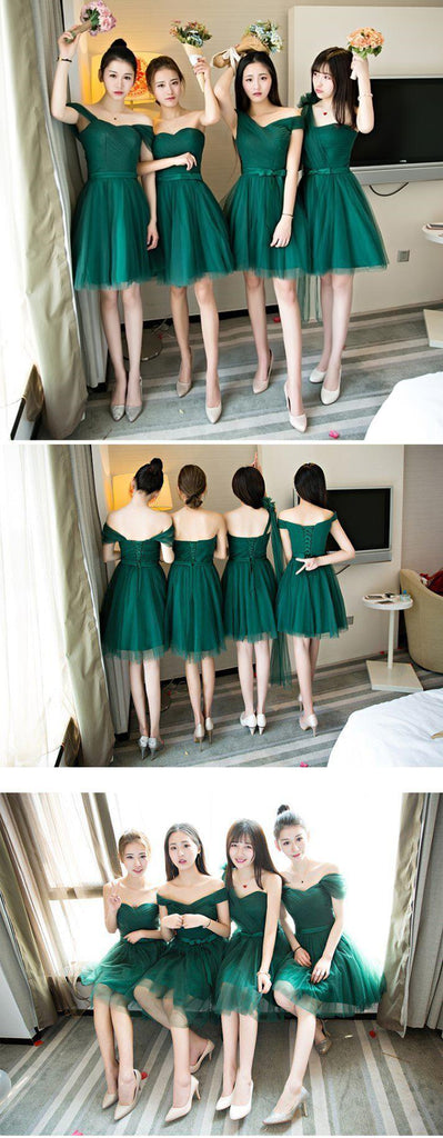 Mismatched Dark Green Tulle Short Bridesmaid Dresses, Cheap Custom Short Bridesmaid Dresses, Affordable Bridesmaid Gowns, BD023