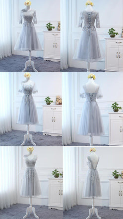 Mismatched Gray Lace Short Bridesmaid Dresses, Cheap Custom Short Bridesmaid Dresses, Affordable Bridesmaid Gowns, BD026