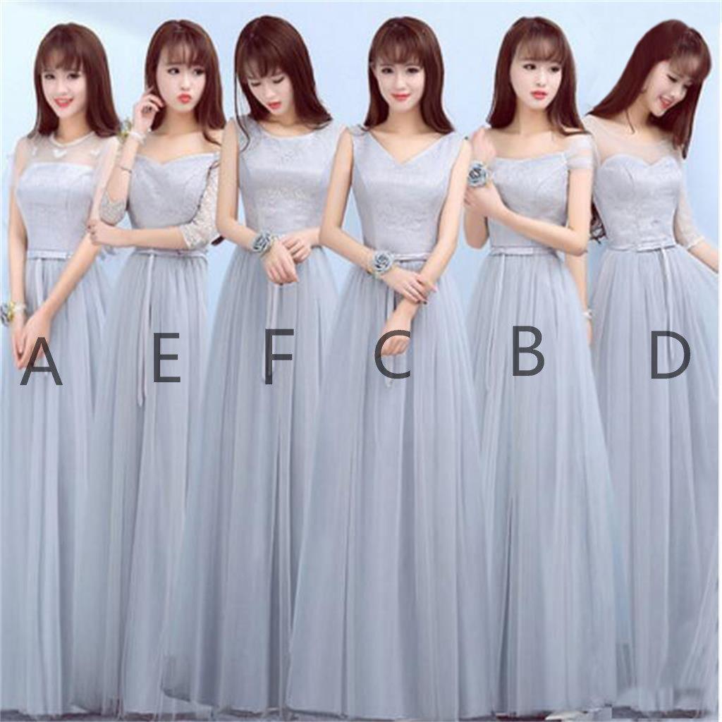 Mismatched Gray Lace Tulle Long Bridesmaid Dresses, Cheap Custom Long Bridesmaid Dresses, Affordable Bridesmaid Gowns, BD008