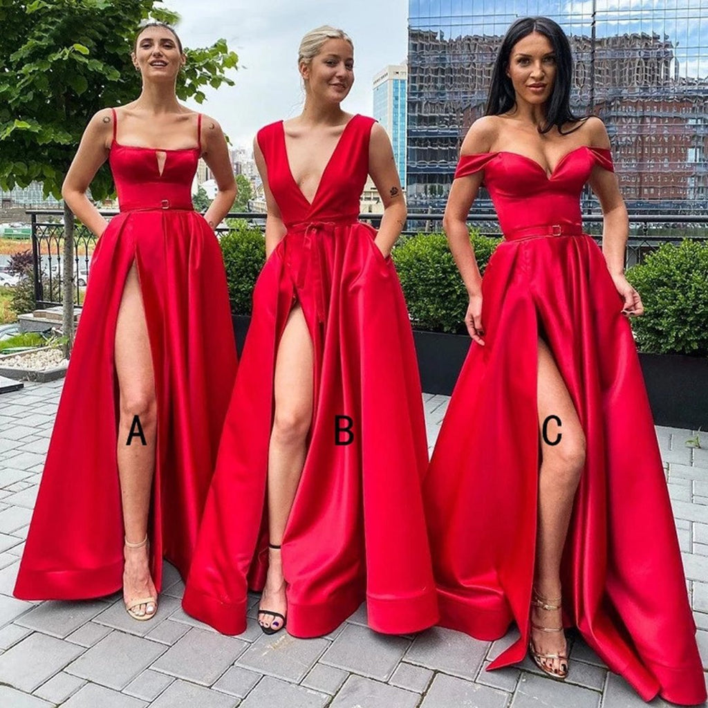 Mismatched High Slit Red A-line V-neck Cheap Long Bridesmaid Dresses Gown Online, WG865