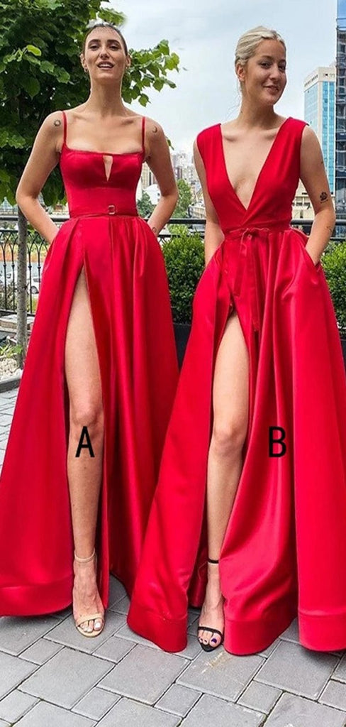 Mismatched High Slit Red A-line V-neck Cheap Long Bridesmaid Dresses Gown Online, WG865