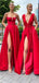 Mismatched High Slit Red A-line V-neck Cheap Long Bridesmaid Dresses Gown Online, WG865
