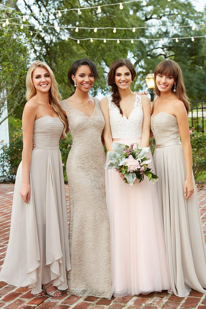 Mismatched Lace Chiffon A Line Custom Bridesmaid Dresses, Cheap Unique Tulle Long Bridesmaid Gown, BD123