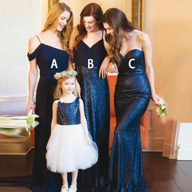 Mismatched Mermaid Cheap Long Navy Sequin Bridesmaid Dresses With Sleeves, WG220