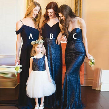 Mismatched Mermaid Cheap Long Navy Sequin Bridesmaid Dresses With Sleeves, WG220