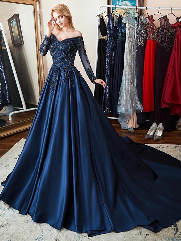 Modest A-line Long Sleeves Blue Long Party Prom Dresses Online,Dance Dresses,12368