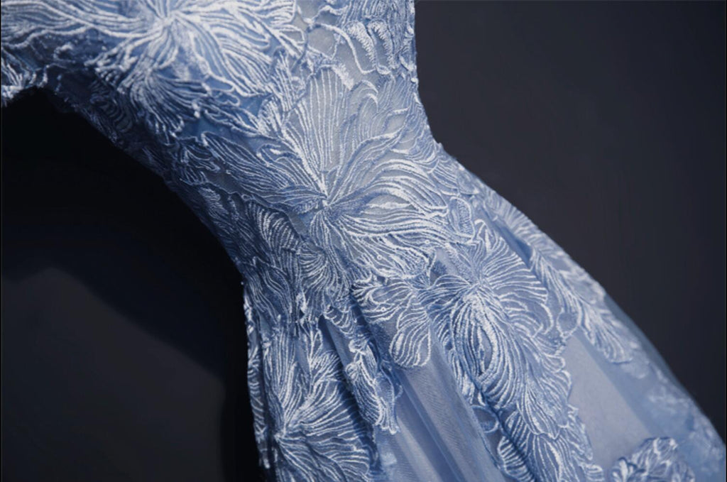 Modest High Neckline Short Sleeve Dusty Blue Long Evening Prom Dresses, Popular Cheap Long Party Prom Dresses, 17222