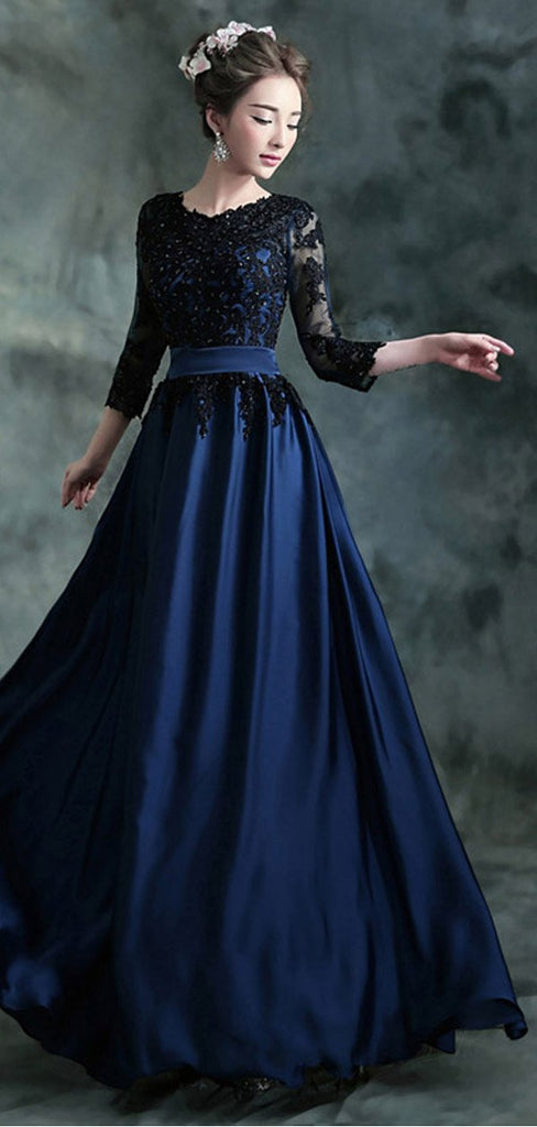 Navy Blue A-line Jewel 3/4 Sleeveless Long Prom Dresses Online,12452