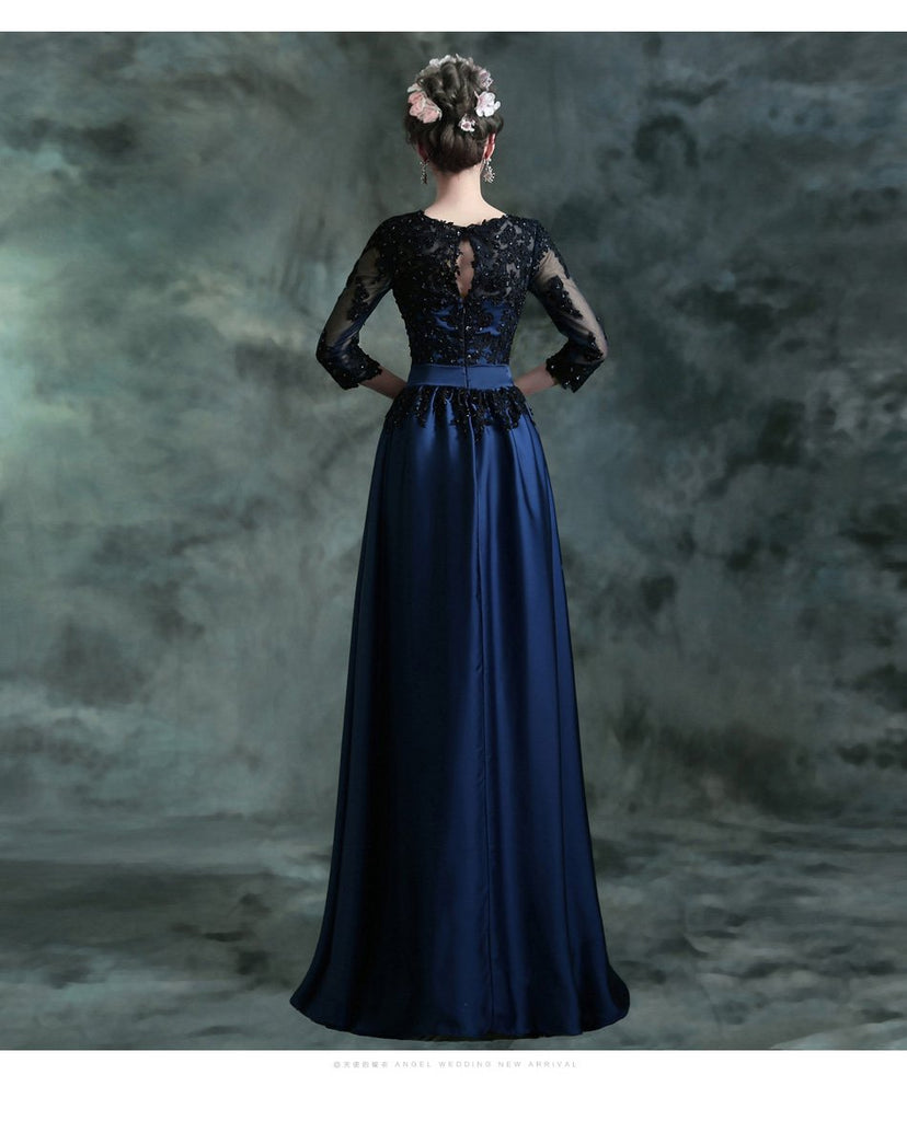 Navy Blue A-line Jewel 3/4 Sleeveless Long Prom Dresses Online,12452