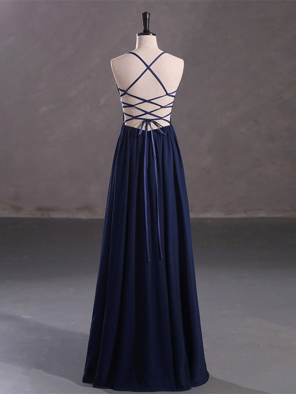 Navy Blue A-line Spaghetti Straps Cheap Long Prom Dresses Online,12861