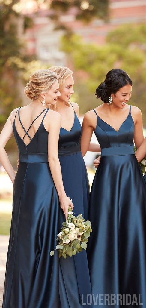 Navy Blue A-line Spaghetti Straps V-neck Cheap Long Bridesmaid Dresses Online,WG1032