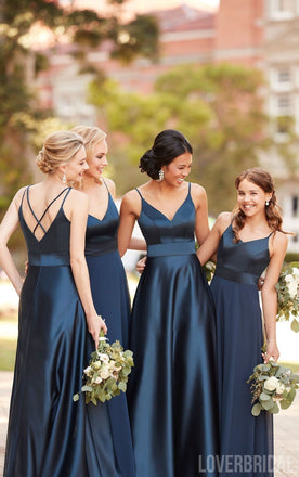 Navy Blue A-line Spaghetti Straps V-neck Cheap Long Bridesmaid Dresses Online,WG1032