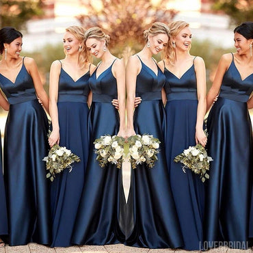 Navy Blue A-line Spaghetti Straps V-neck Cheap Long Bridesmaid Dresses Online,WG1032