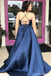 Navy Blue A-line Spaghetti Straps V-neck Cheap Long Prom Dresses,12642
