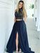 Navy Halter Two Pieces Side Slit Long Evening Prom Dresses, Cheap Sweet 16 Dresses, 18314