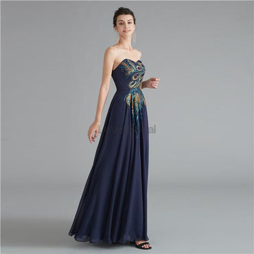 Navy Sweetheart Embroidery Cheap Long Evening Prom Dresses, Evening Party Prom Dresses, 12123