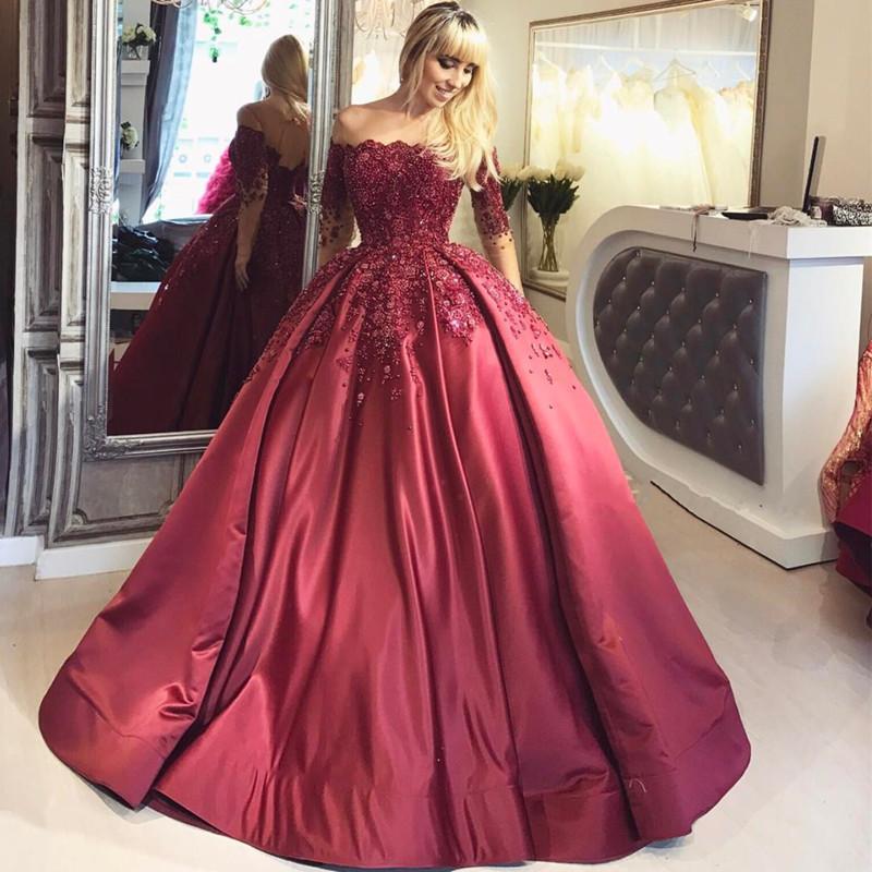 Off Shoulder 1/2 Long Sleeve A line Red Evening Prom Dresses, Popular Party Prom Dresses, Custom Long Prom Dresses, Cheap Formal Prom Dresses, 17211