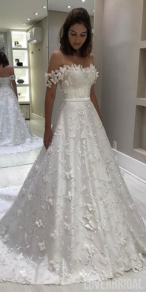 Off Shoulder A-line Lace Long Wedding Dresses Online, Cheap Bridal Dre ...