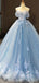 Off Shoulder Blue Handmade Flower Long Evening Prom Dresses, Evening Party Prom Dresses, 12163
