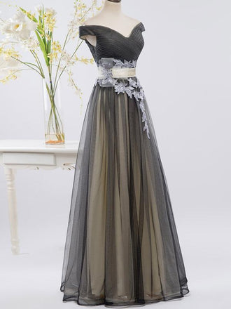 Off Shoulder Blue & Pink Tulle A-line Long Evening Prom Dresses, 17627