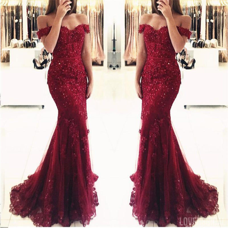 Off Shoulder Dark Red Lace Beaded Mermaid Evening Prom Dresses, Popular 2018 Party Prom Dresses, Custom Long Prom Dresses, Cheap Formal Prom Dresses, 17207