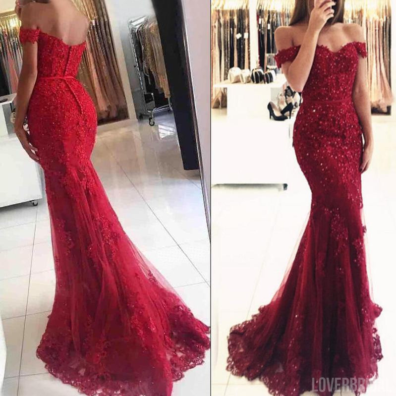 Off Shoulder Dark Red Lace Beaded Mermaid Evening Prom Dresses, Popular 2018 Party Prom Dresses, Custom Long Prom Dresses, Cheap Formal Prom Dresses, 17207