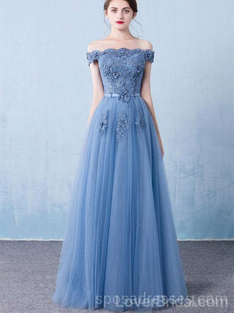 Off Shoulder Dusty Blue Long Evening Prom Dresses, Cheap Custom Party Prom Dresses, 18591