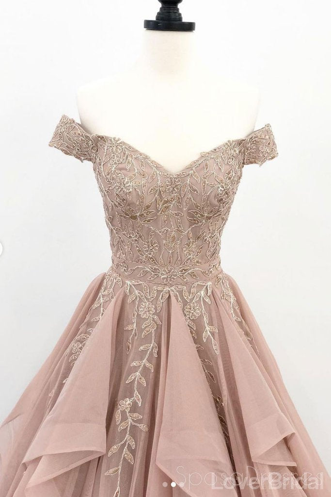 Off Shoulder Dusty Champagne Lace Cheap Long Evening Prom Dresses, Evening Party Prom Dresses, 18627