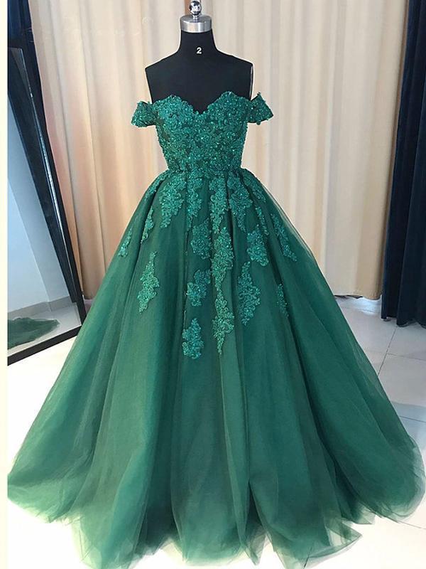 Off Shoulder Emerald Green Lace A line Long Custom Evening Prom Dresses, 17428