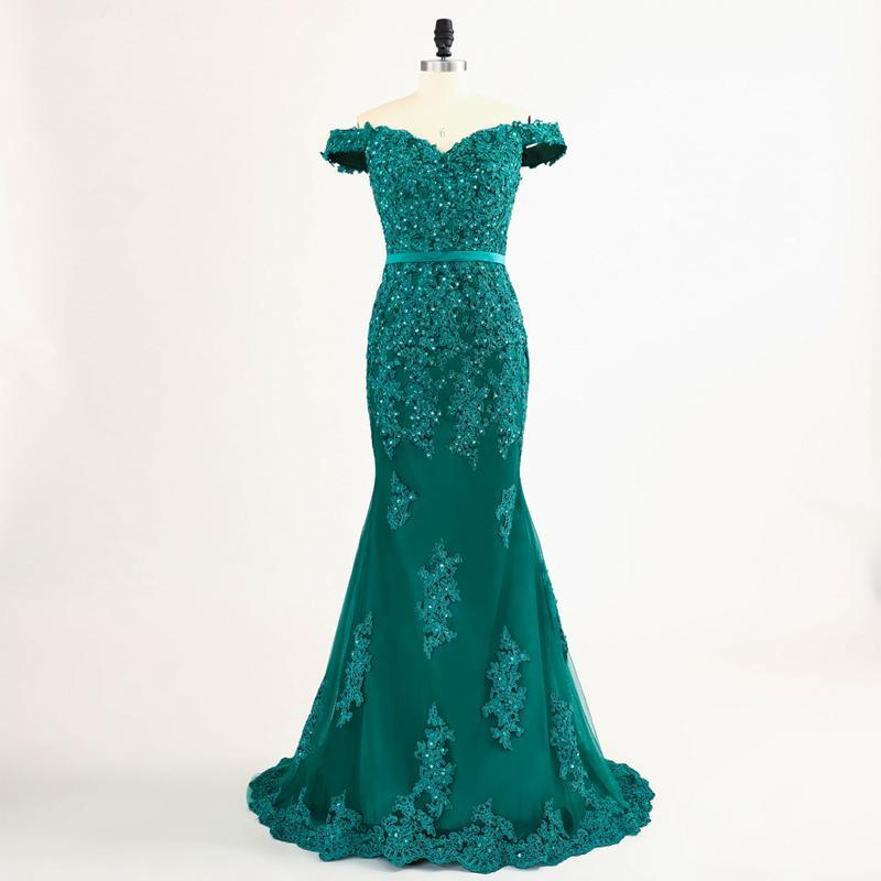 Off Shoulder Green Lace Beaded Mermaid Evening Prom Dresses, Popular Unique Party Prom Dress, Custom Long Prom Dresses, Cheap Formal Prom Dresses, 17174