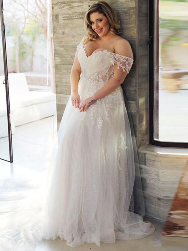 plus size off the shoulder lace wedding dresses Off-Shoulder Plus Size A-Line Wedding Dress EU42 / pearl