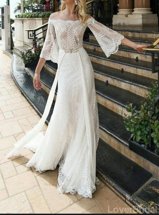 Off Shoulder Long Sleeves Lace Wedding Dresses Online, Cheap Unique Bridal Dresses, WD595