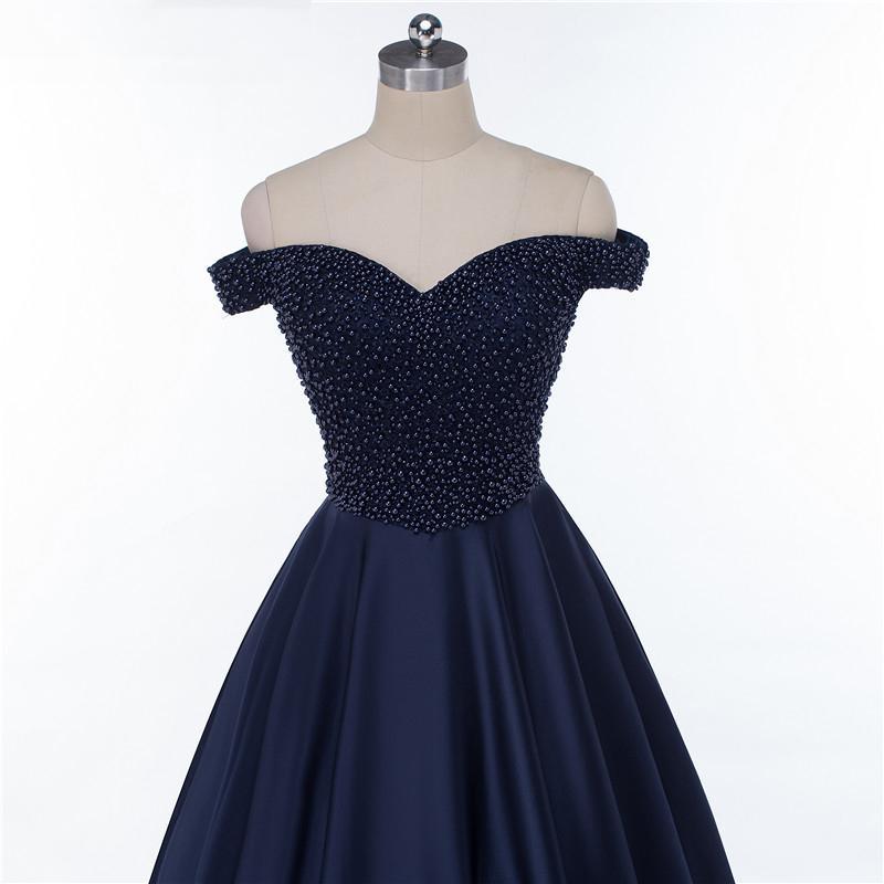 Off Shoulder Navy Blue Beaded A line Long Evening Prom Dresses, Popular Cheap Long Party Prom Dresses, 17230