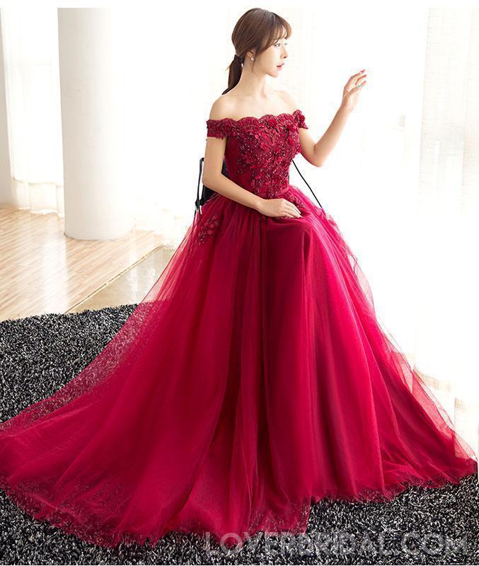 Off Shoulder Red Lace Beaded A-line Long Evening Prom Dresses, Cheap Sweet 16 Dresses, 18409